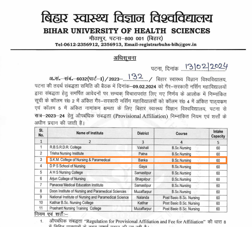 Affiliation Letter from BUHS for B.Sc. Nursing